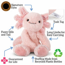 Load image into Gallery viewer, Pink axolotl plush toy with features highlighted and Vermont Teddy Bear logo.