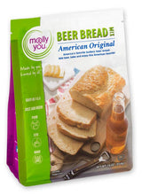 Load image into Gallery viewer, Package of Molly You Beer Bread mix with bread slices and beer bottle on a white background