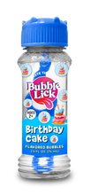Load image into Gallery viewer, Bottle of Bubble Lick Birthday Cake flavored bubbles with blue cap on white background