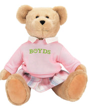 Load image into Gallery viewer, Teddy bear wearing a pink shirt with 'BOYDS' text and a plaid skirt on a white background
Details