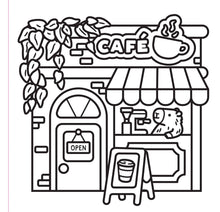 Load image into Gallery viewer, Illustration of a cafe with an open door and coffee-making equipment, suitable for coloring.