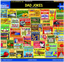 Load image into Gallery viewer, Dad Jokes puzzle packaging with various dad jokes on colorful backgrounds