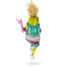 Load image into Gallery viewer, Decorative frog ornament in a colorful dress on a white background back view