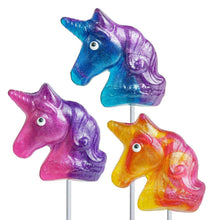 Load image into Gallery viewer, Three colorful unicorn-shaped lollipops on sticks against a white background