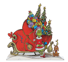 Load image into Gallery viewer, Illustration of the Grinch with a sleigh and Christmas tree on a white background