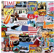 Load image into Gallery viewer, Collage of American-themed images including food, landmarks, and cultural references.
