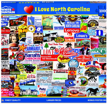 Load image into Gallery viewer, Jigsaw puzzle box featuring images and text related to North Carolina, with a heart symbol and 'I Love North Carolina' text.