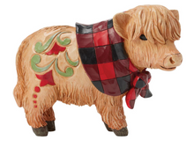 Load image into Gallery viewer, Decorative figurine of a Highland cow with a plaid shawl on a white background