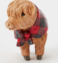 Load image into Gallery viewer, Wooden bear figurine wearing a red and black checkered shirt on a white background