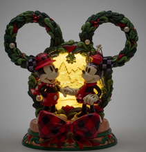 Load image into Gallery viewer, Decorative figurine of Disney's Mickey and Minnie Mouse with Christmas wreaths. LED. Artist Jim Shore.