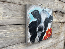 Load image into Gallery viewer, Black and White Cow with Red Flowers - Hand-painted Wooden Square Pallet Wood Wall Decor
