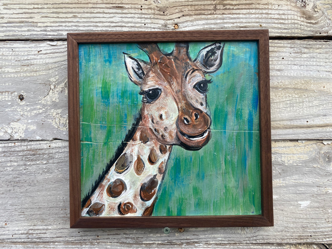 Whimsical Giraffe Framed Original Painting on Reclaimed Wood