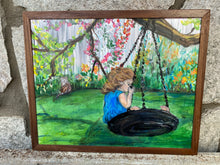 Load image into Gallery viewer, Girl in Tire Swing reclaimed pallet wood painting
