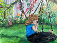 Load image into Gallery viewer, Girl in Tire Swing reclaimed pallet wood painting
