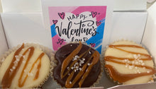 Load image into Gallery viewer, Three fudge bonbons with caramel drizzle in front of a 'Happy Valentine's Day' card.