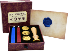 Load image into Gallery viewer, Sealing wax stamp kit with candles, stamp, and a sealed envelope on a white background