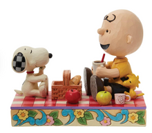 Load image into Gallery viewer, Figurines of a dog and a boy sitting at a picnic table with food and drinks on a checkered blanket.