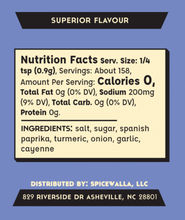 Load image into Gallery viewer, Nutrition facts label for a spice mix on a blue background with Spicewalla, LLC information.