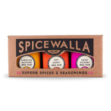 Load image into Gallery viewer, Spicewalla spice set packaging with three small bottles on a white background