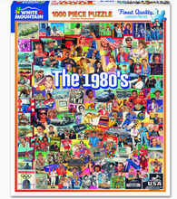 Load image into Gallery viewer, Jigsaw puzzle box featuring images from the 1980s on a colorful background