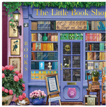 Load image into Gallery viewer, Illustration of a quaint bookshop named 'The Little Book Shop' with shelves filled with books, potted plants, and decorative elements.