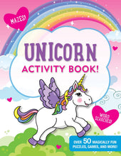 Load image into Gallery viewer, Cover of a unicorn activity book with a rainbow and cloud design.