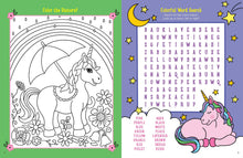Load image into Gallery viewer, Coloring book page with unicorn coloring and word search activities.