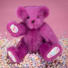 Load image into Gallery viewer, Pink teddy bear with colorful heart-shaped candies on a pink background