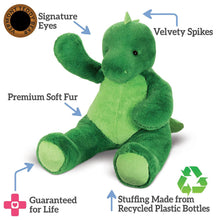 Load image into Gallery viewer, Green stuffed toy with features labeled on a white background