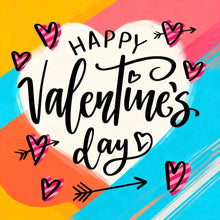 Load image into Gallery viewer, Colorful Valentine's Day card with hearts and arrows on a geometric background