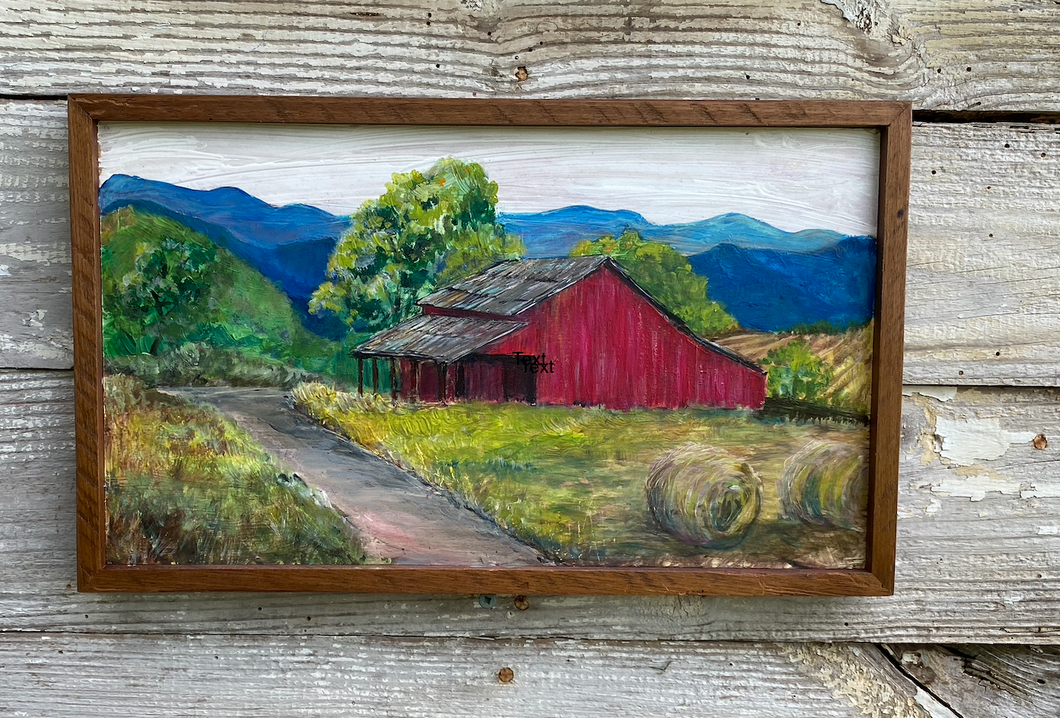 Red Barn in the Blue Ridge Mountains. Original reclaimed wood painting.