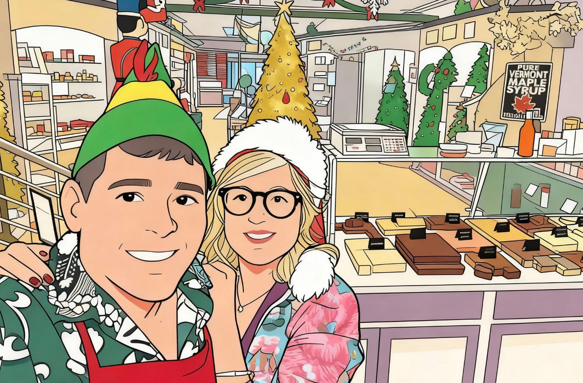 Illustration of Craig and Sarah Merrill with Santa Hats behind the fudge counter at Merrill Mischief.