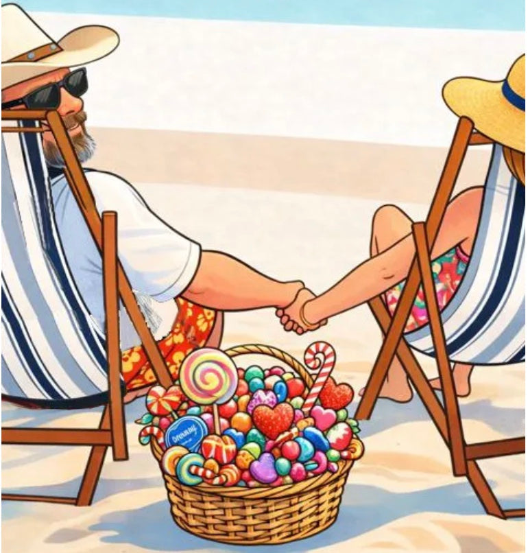 couple on the beach with basket of candy