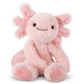 Pink plush axolotl toy on a white background