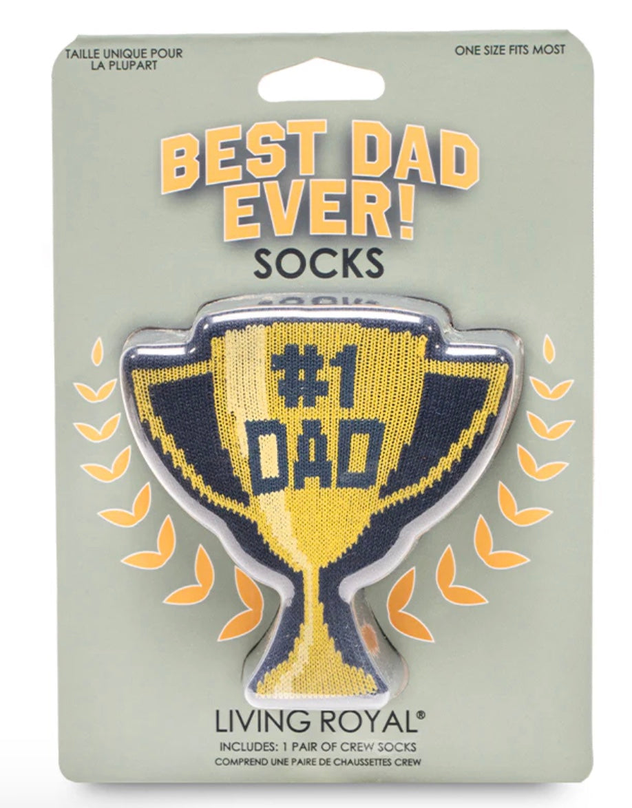 Packaged socks with '#1 Dad' design on a light gray background