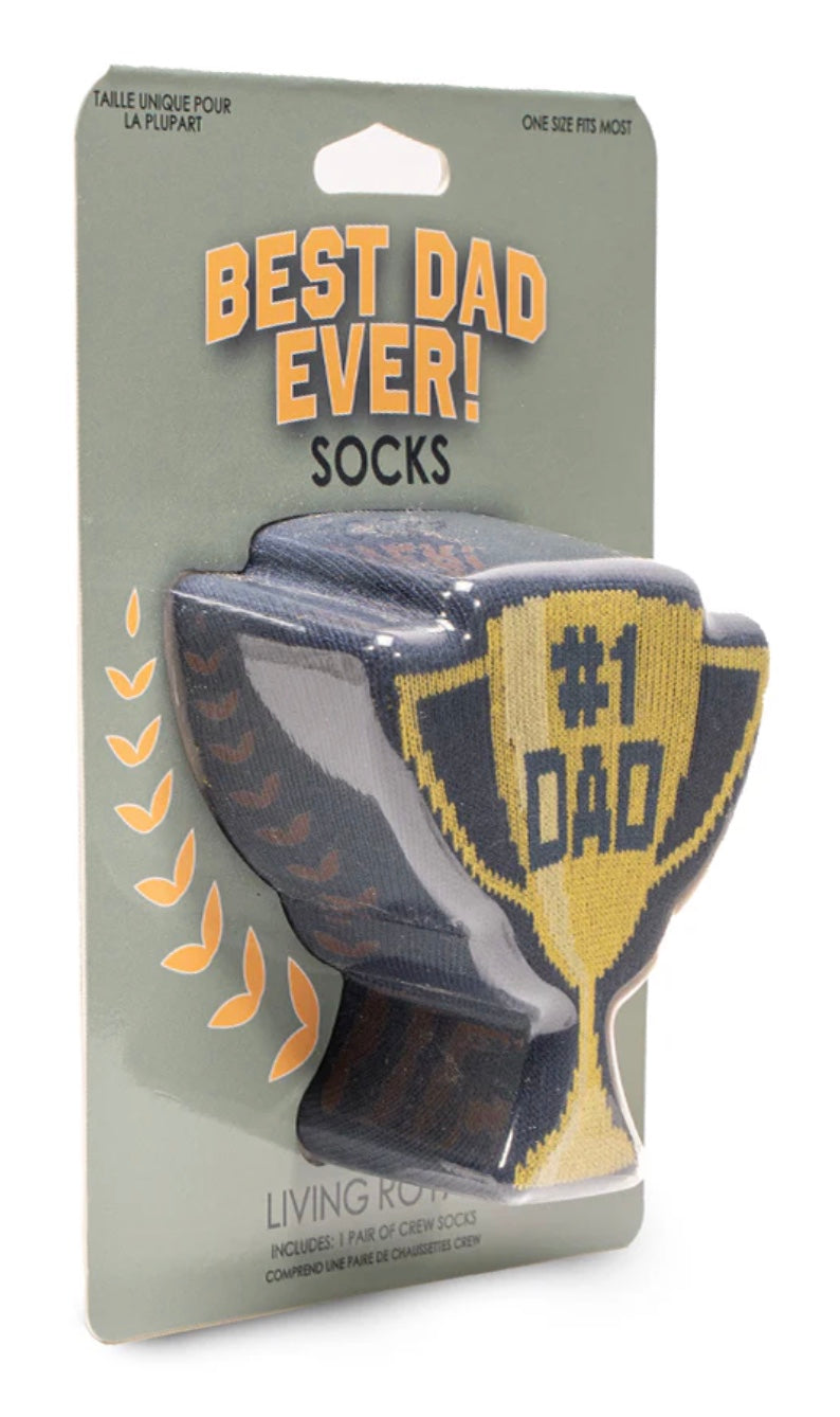 Packaged socks with '#1 Dad' text on a gray background
