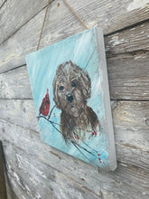Load image into Gallery viewer, Doodle Dog and Cardinal- Hand-painted Wooden Square Pallet Wood Wall Decor
