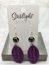 Load image into Gallery viewer, Glass and Leather Earrings - Purple Diamond- Handmade in North Carolina
