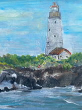 Load image into Gallery viewer, Lighthouse with Poppies - Original Framed Painting, Acrylic on Reclaimed Wood
