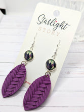 Load image into Gallery viewer, Glass and Leather Earrings - Purple Diamond- Handmade in North Carolina
