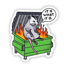 Load image into Gallery viewer, "It is what it is" Possum Dumpster Fire Sticker
