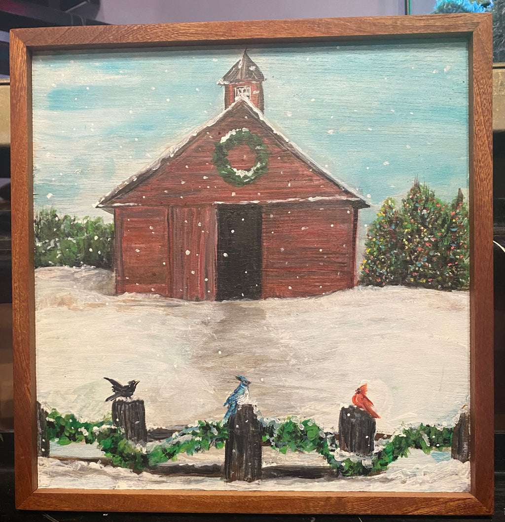 Christmas Barn with Winter Birds - Original Framed Artwork on Reclaimed Wood