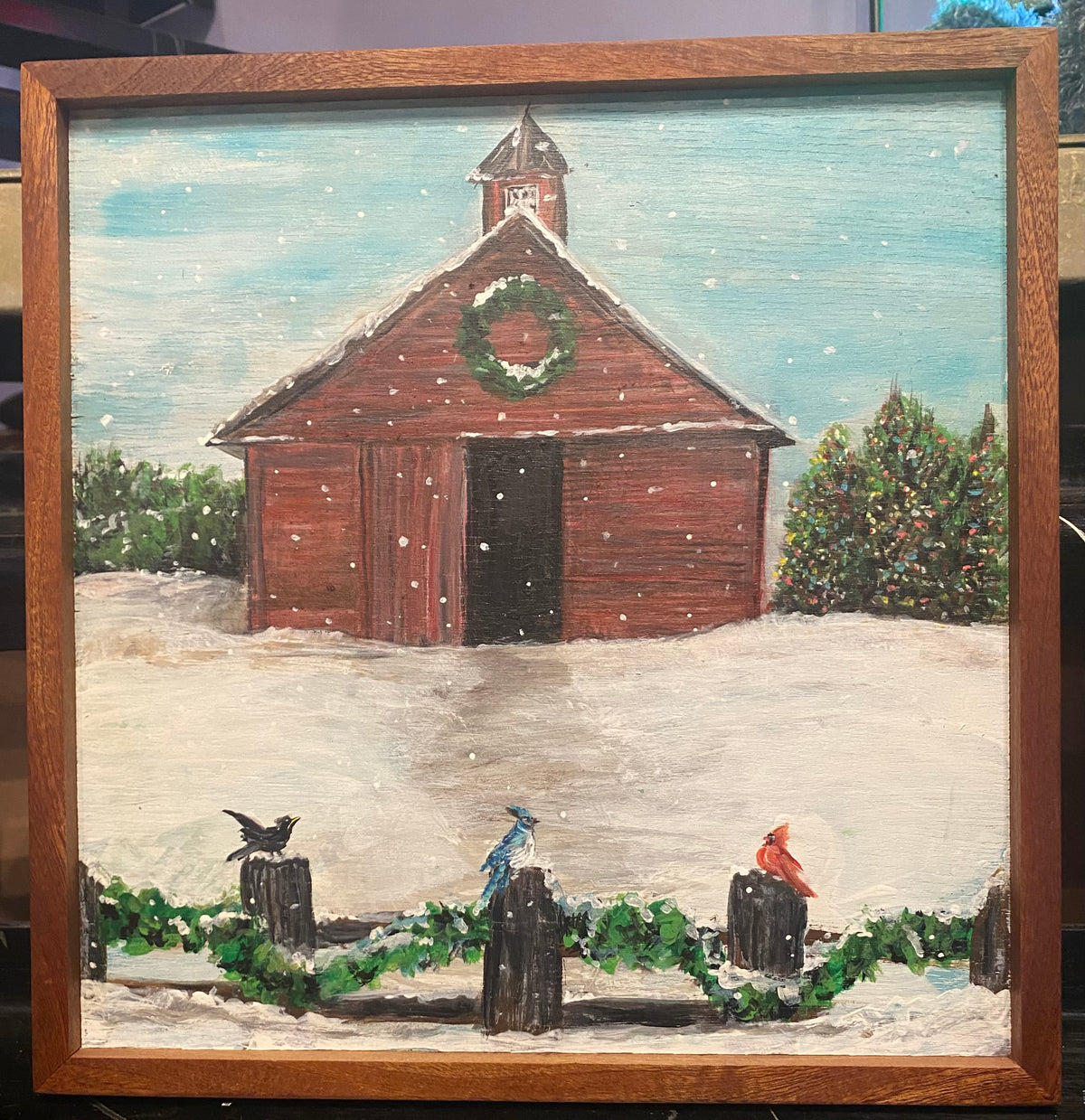 Christmas Barn with Winter Birds - Original Framed Artwork on Reclaimed Wood