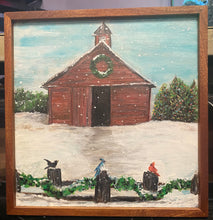 Load image into Gallery viewer, Christmas Barn with Winter Birds - Original Framed Artwork on Reclaimed Wood
