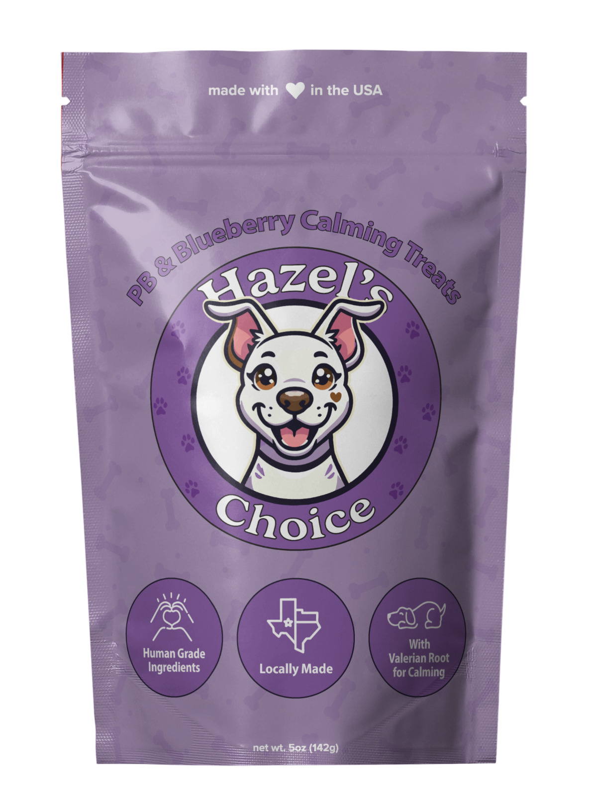 Purple package of Hazel's Choice pet treats with a cartoon dog illustration on a white background