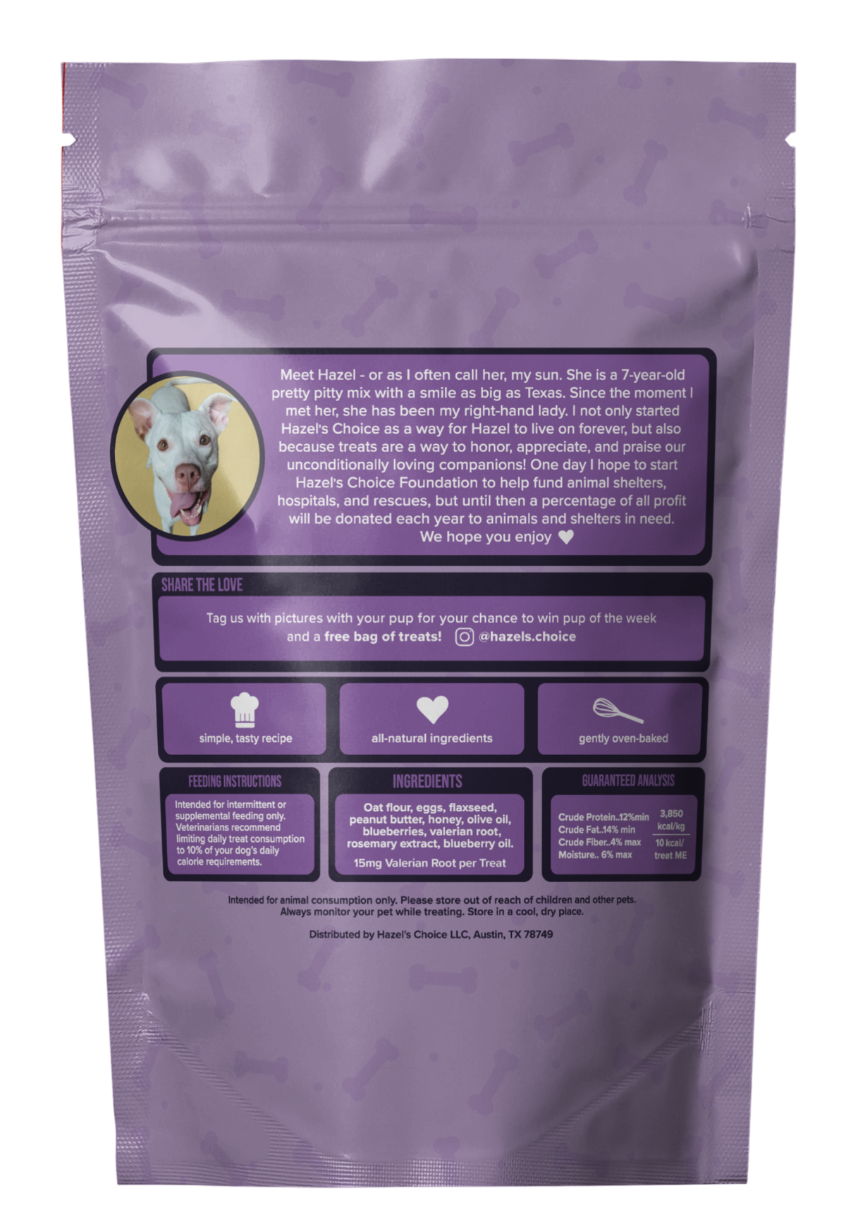 Purple pet food packaging with a dog's face and text on a white background