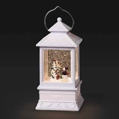 White Lighted Swirl Lantern with Snowman