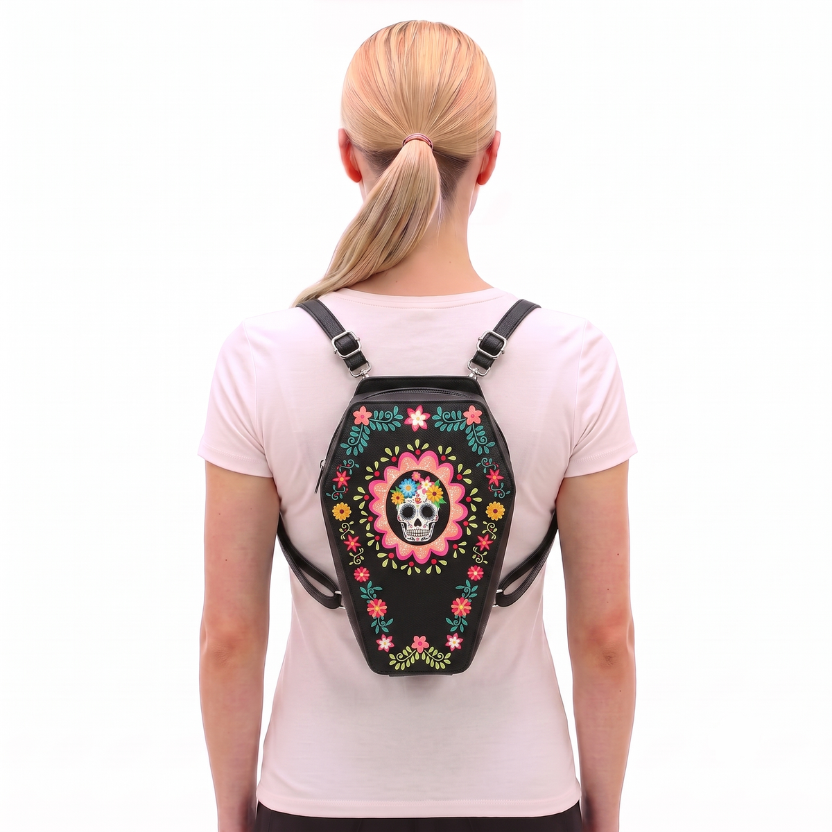 Sugar Skull Coffin Convertible Crossbody Bag Backpack in Vinyl Material