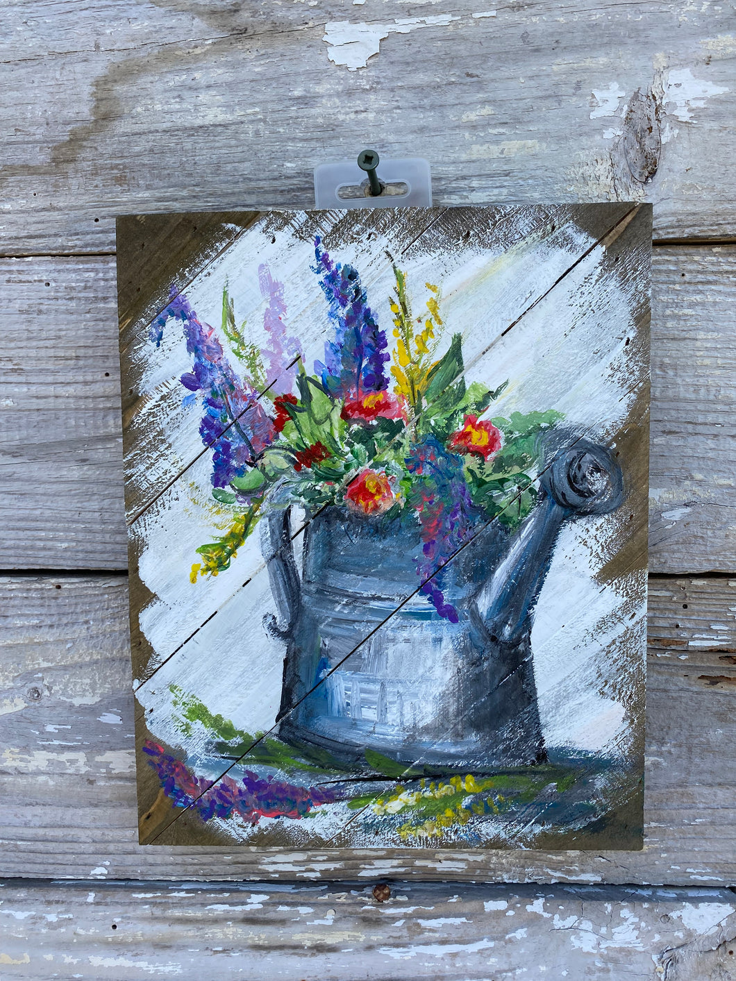 Watering Can with Flowers Original Hand Painted Pallet Wood Wall Decor