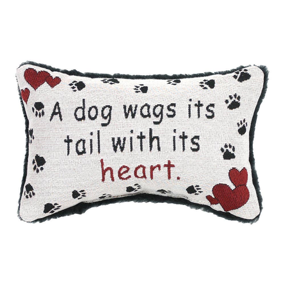 Decorative pillow with text and paw prints on a white background